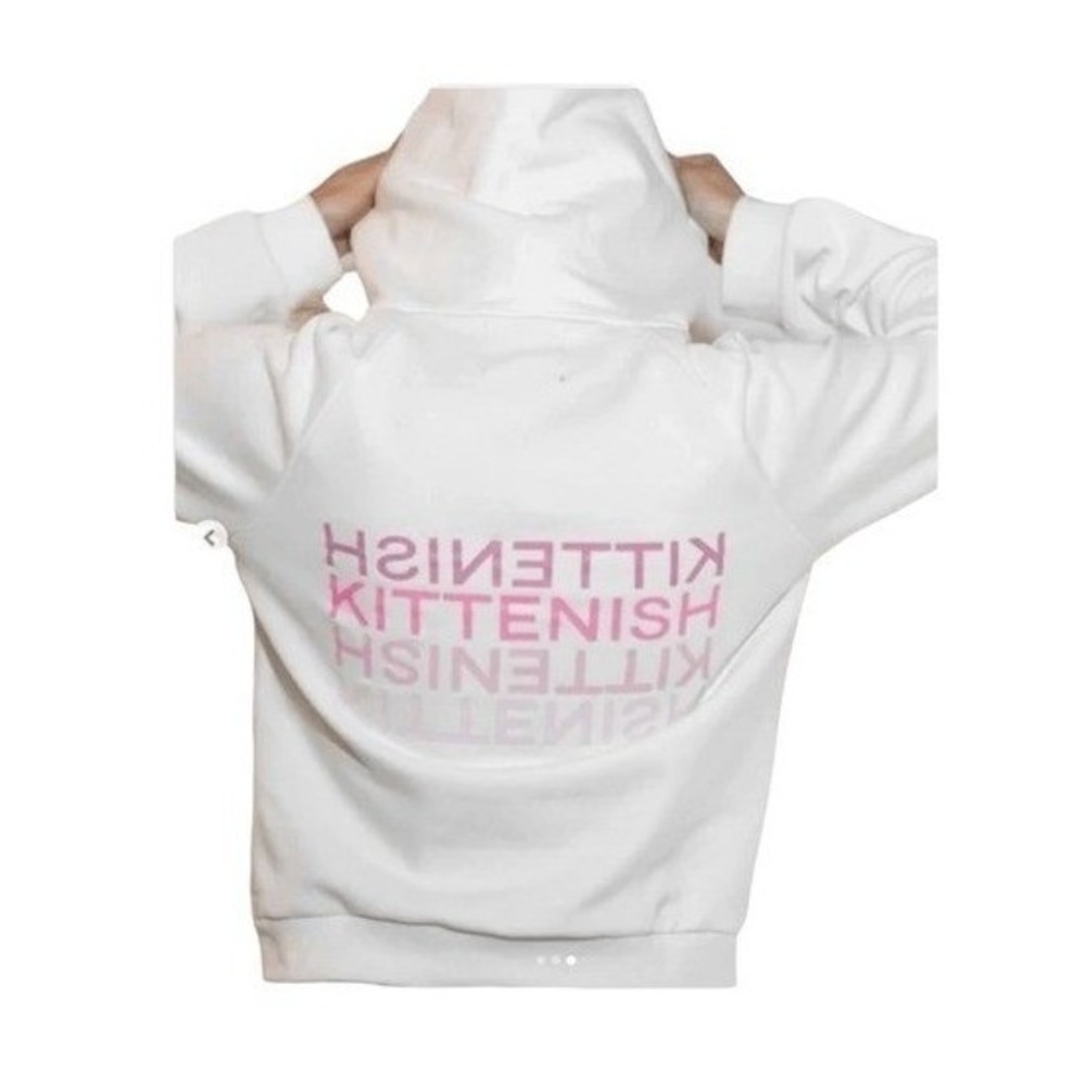 Kittenish Graphic Print Logo Hoodie Sweatshirt White Pink Fleece Long Sleeve Pul